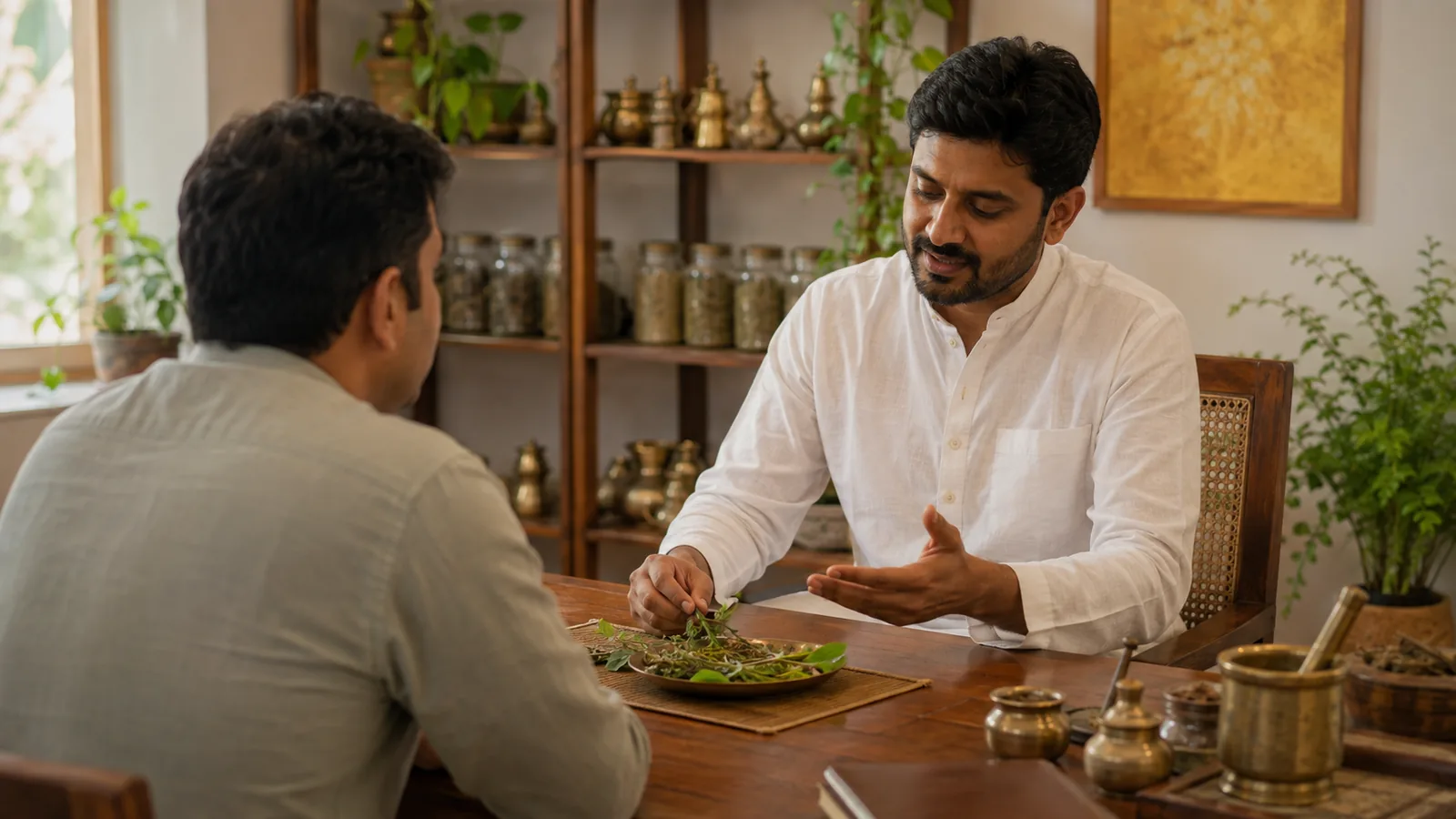 An Indian ayurvedic doctor speaks with a patient across a wooden consultation table lined with herbal jars