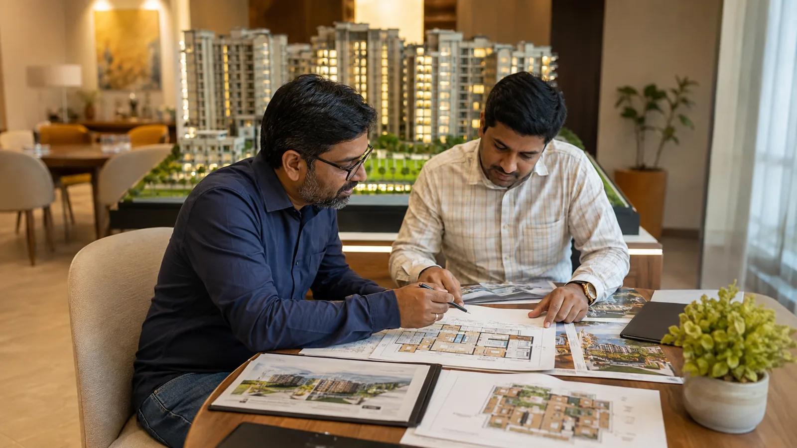 Two Indian real estate channel partners study a floor plan and project brochures at a sales lounge table