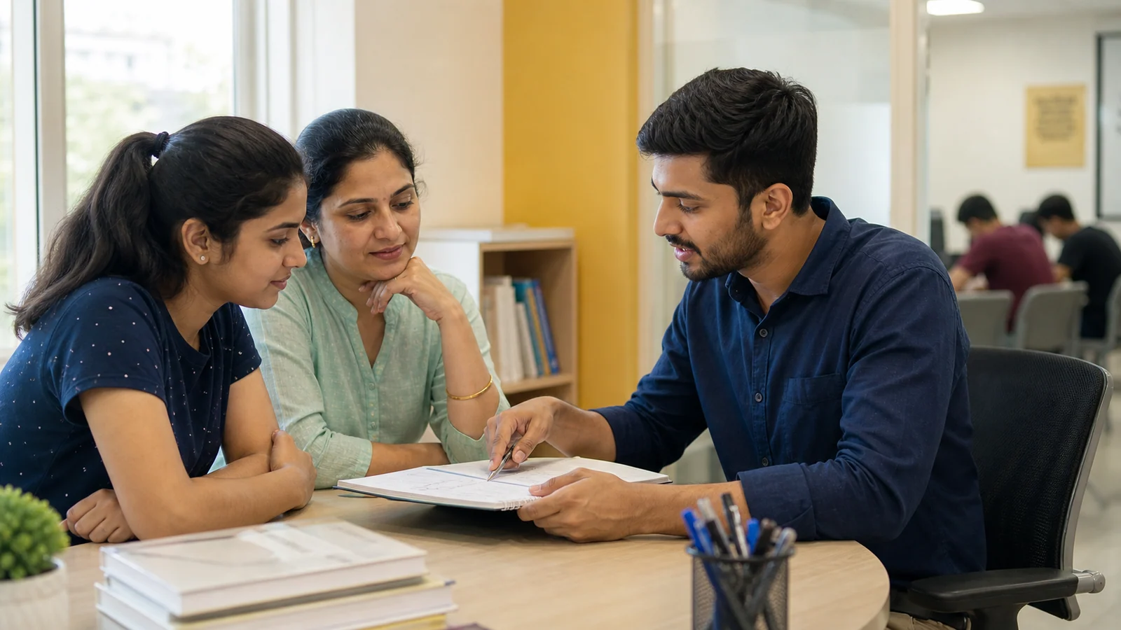 An Indian coaching class counselor explains a course plan to a student and parent