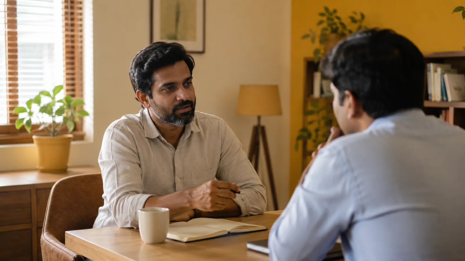An independent Indian consultant talks with a client across a small table with a notebook and coffee