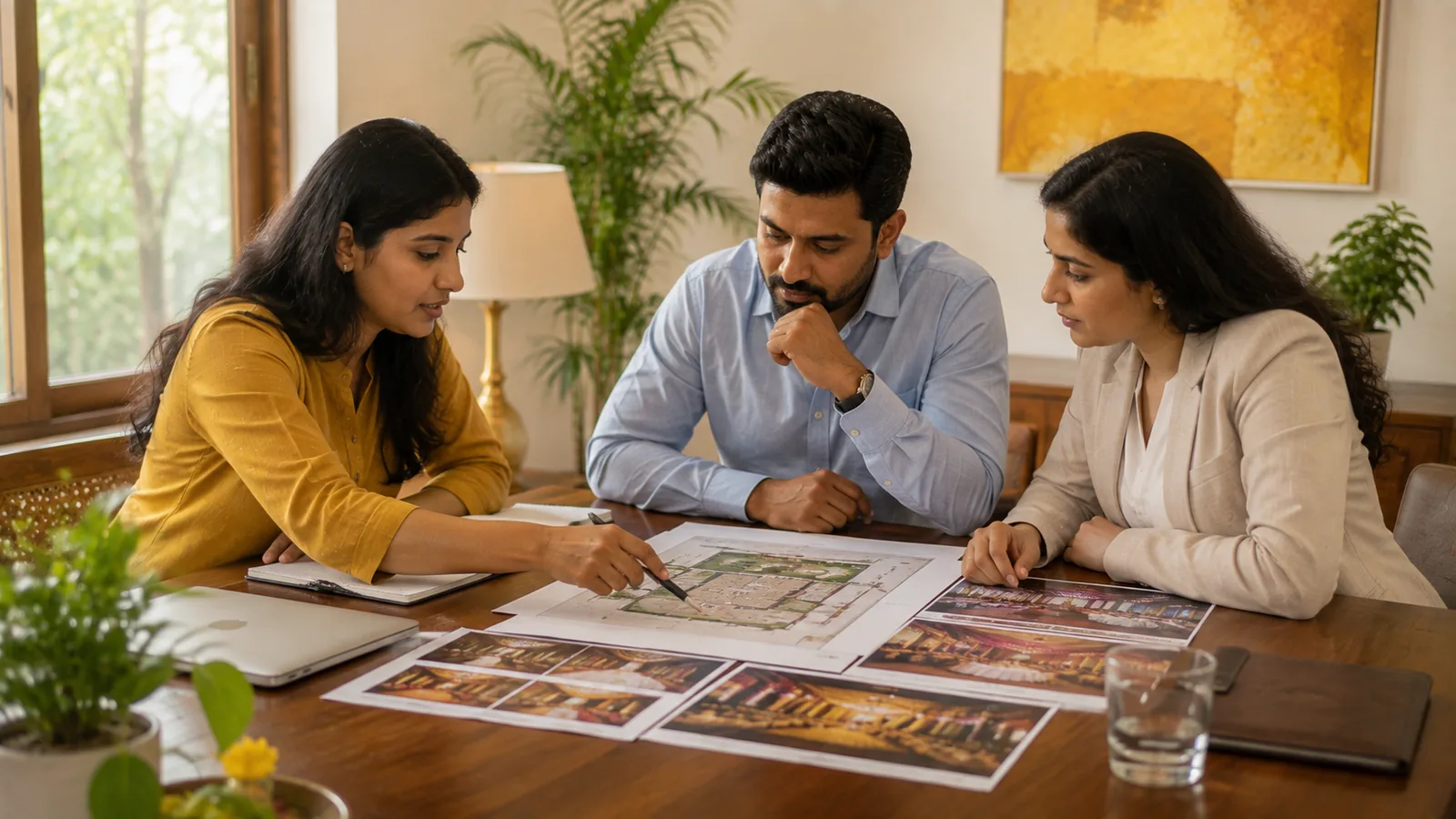 An Indian events planner points at a printed venue layout while two corporate HR managers lean in