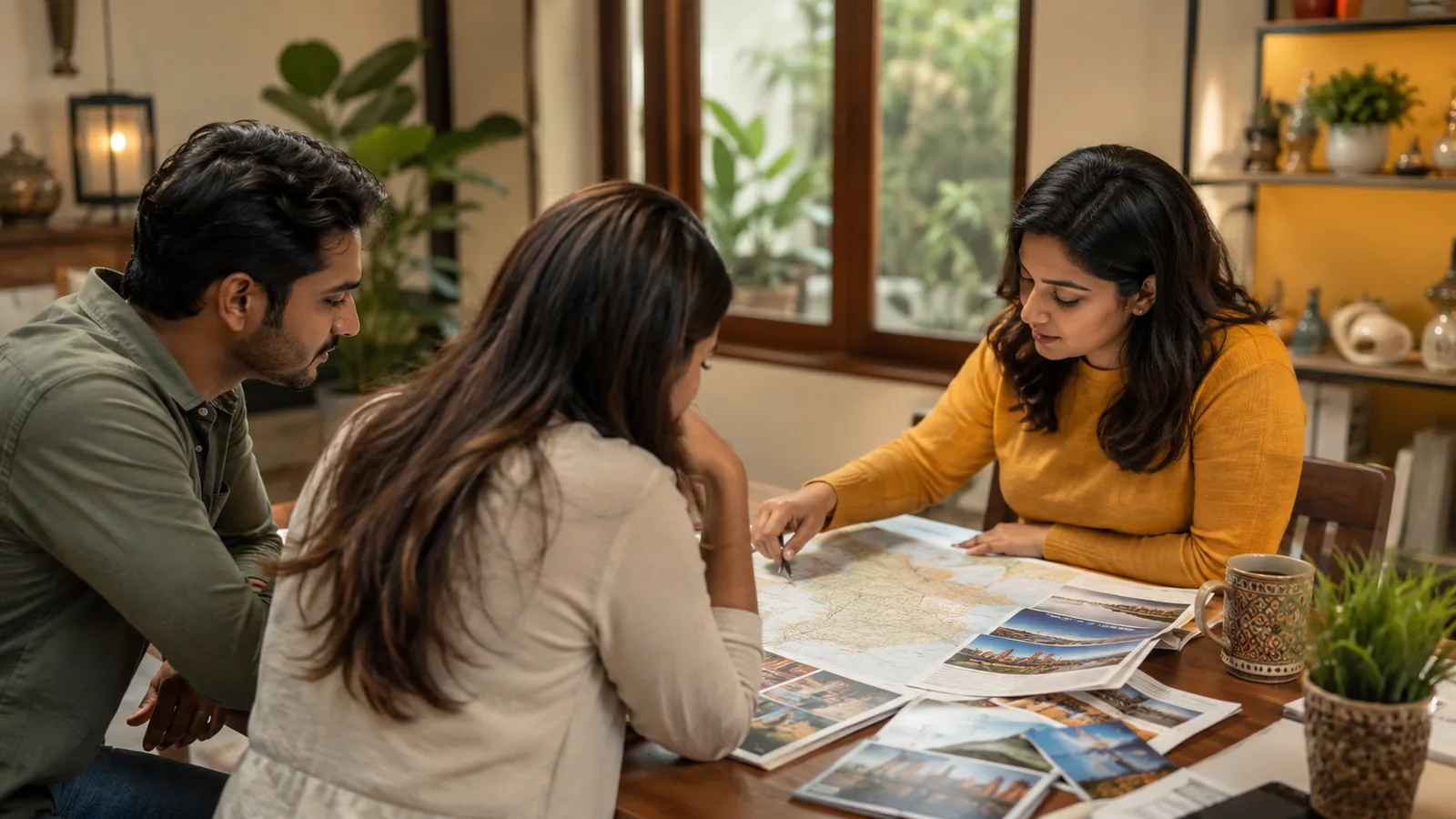 An Indian travel planner spreads a map and printed itineraries across a table for a couple planning a trip