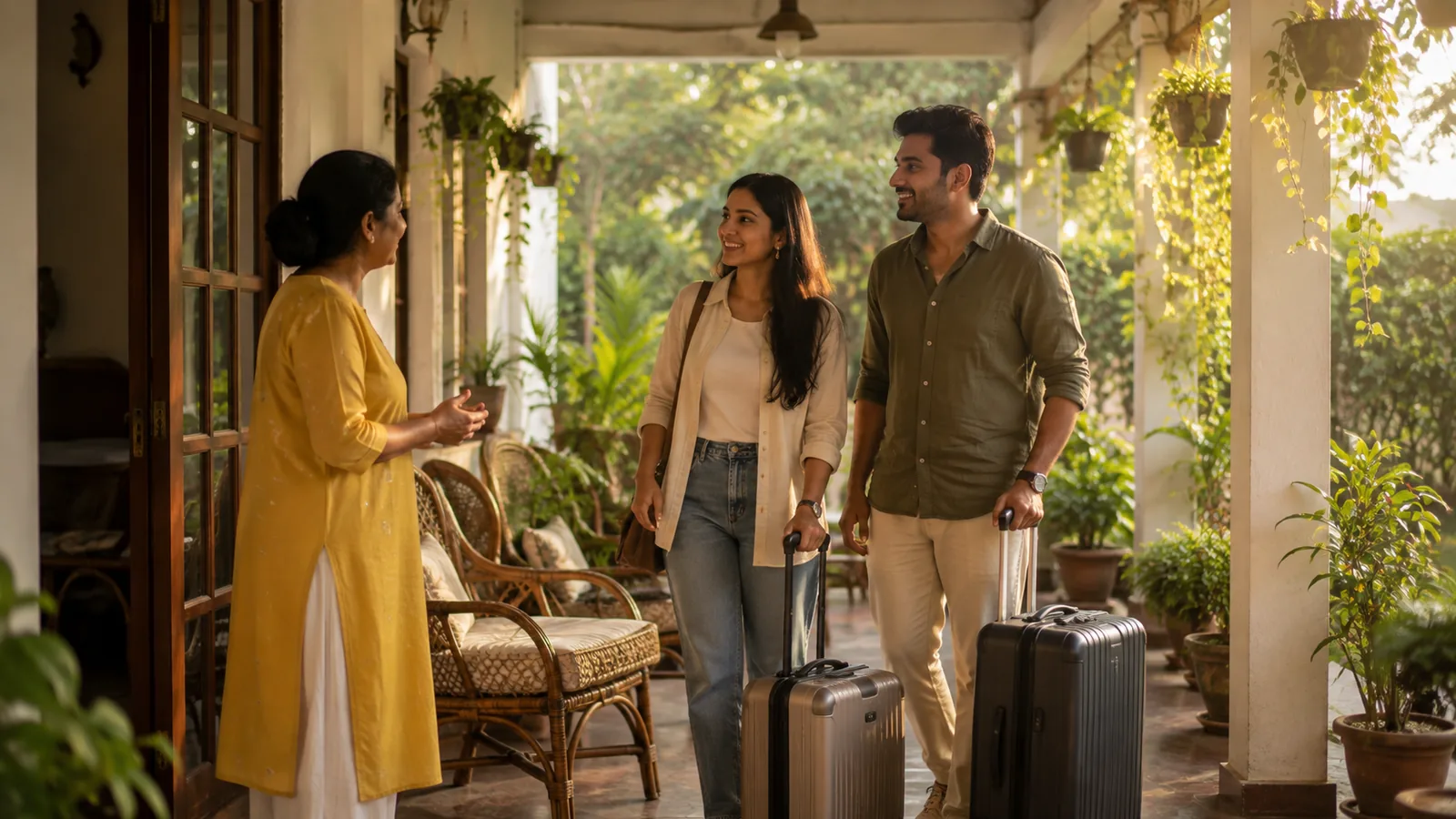 An Indian homestay host welcomes a couple onto a sunlit veranda with cane chairs and hanging plants