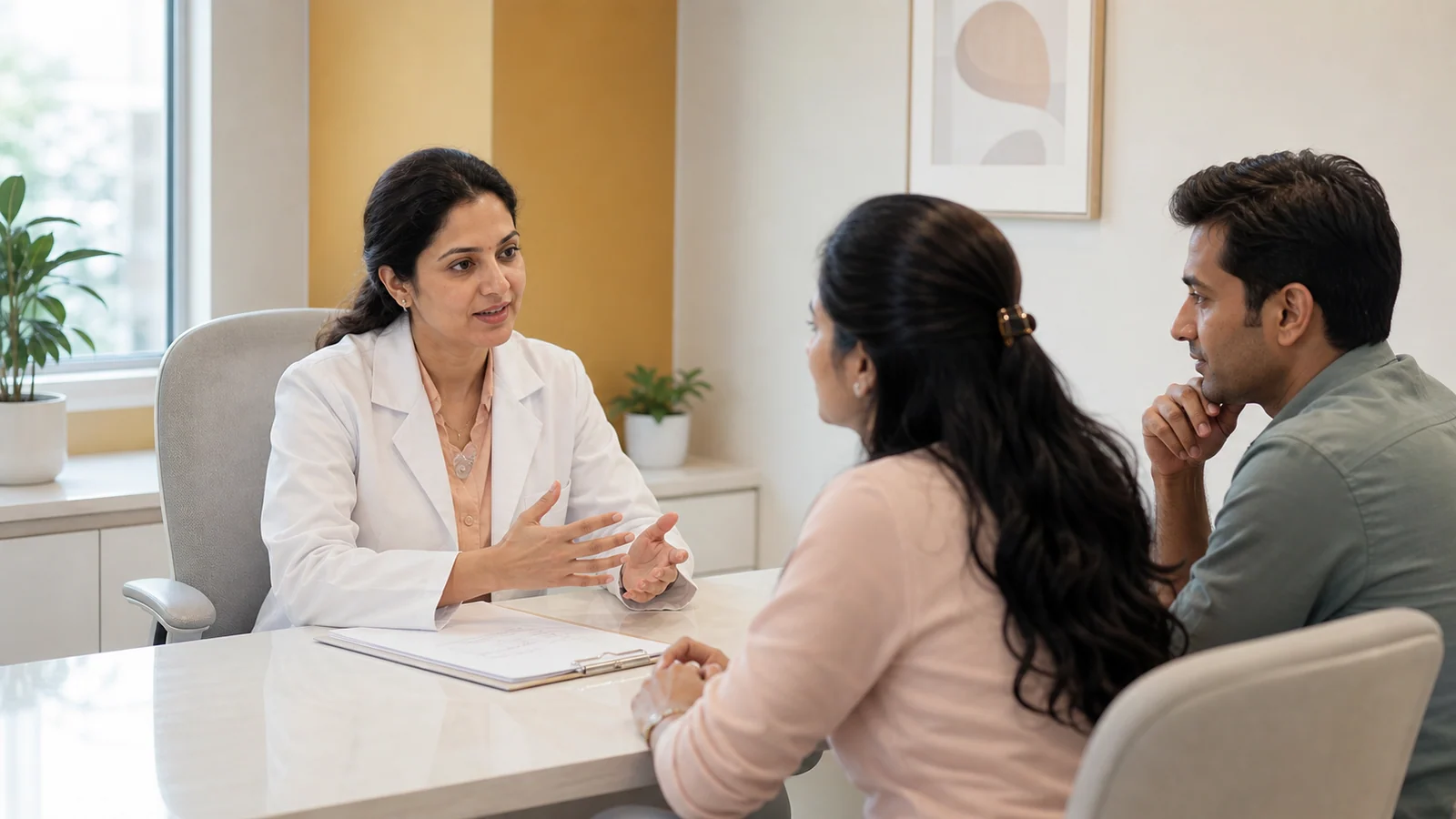 An Indian fertility specialist counsels a couple in a private clinic consultation