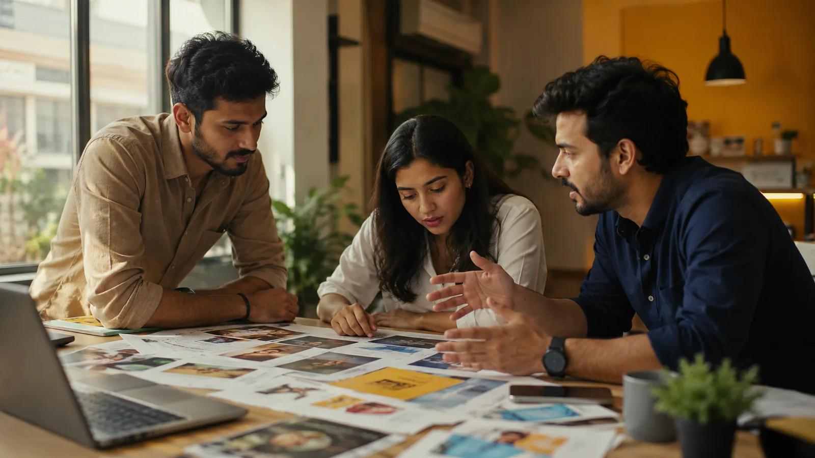 A small Indian agency team reviews printed ad creatives spread across a table