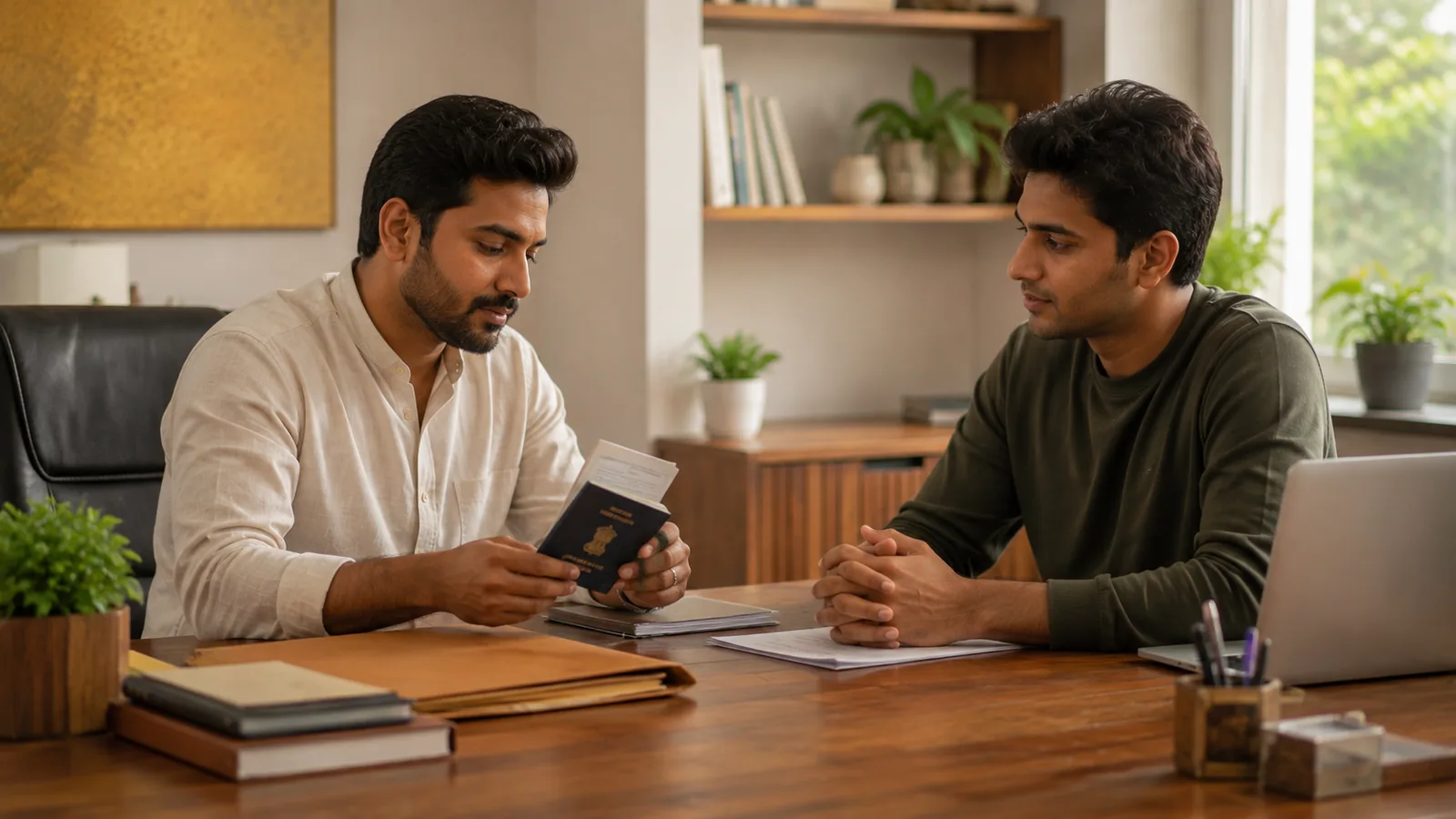 An Indian visa consultant reviews a passport and document folders with a young applicant seated opposite